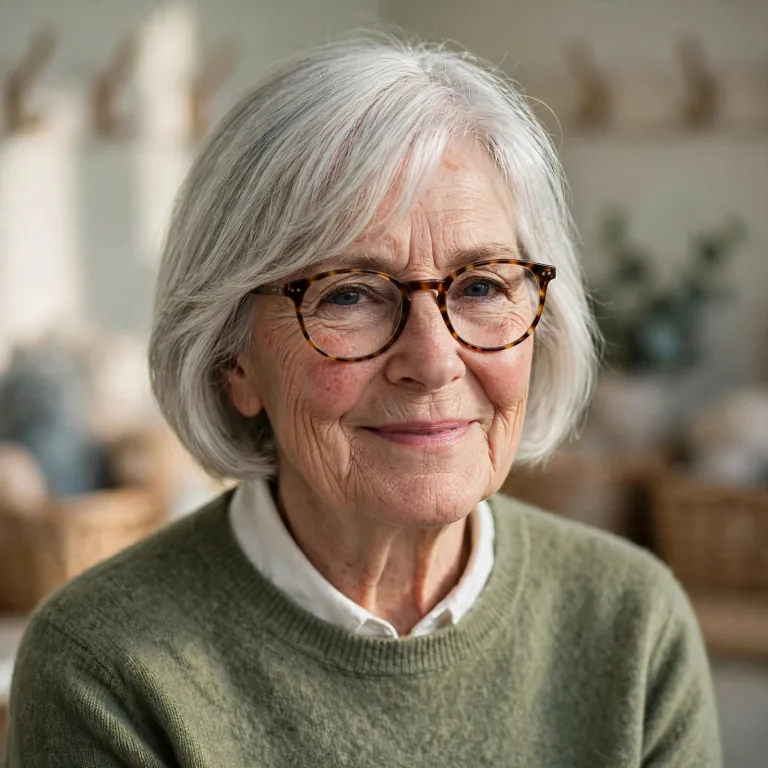 Elspeth, a woman in her sixties with a silver bob and tortoiseshell glasses