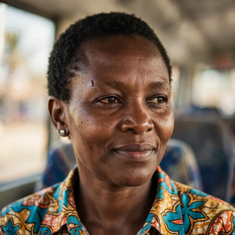 Makena, a woman in her forties in a bright ankara-print shirt on her bus