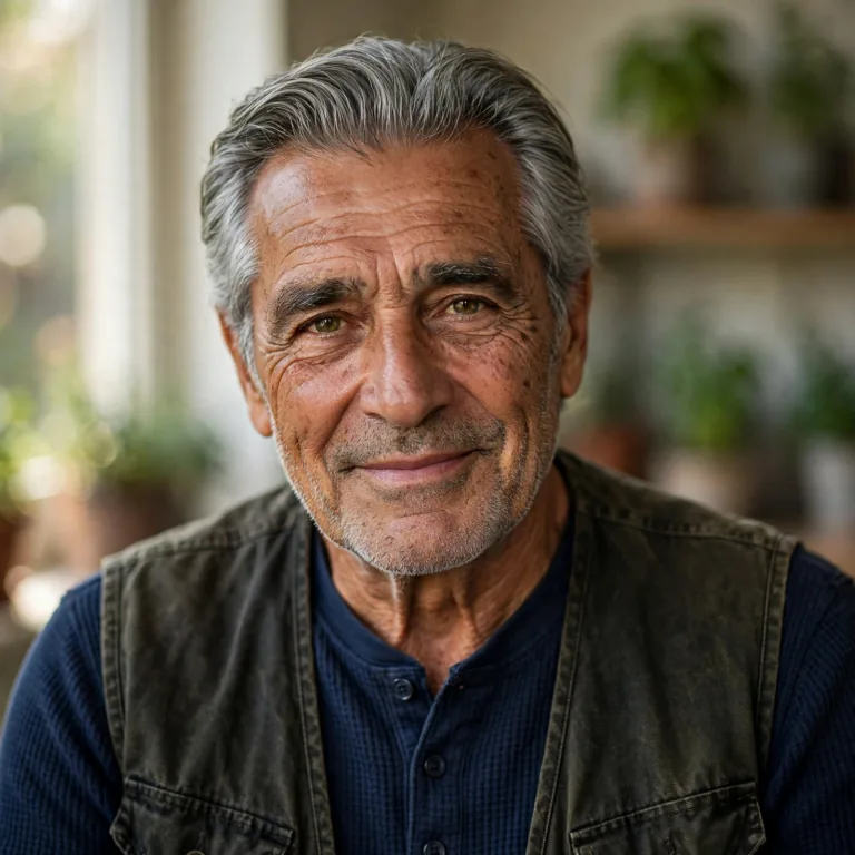 Aurelio, a silver-haired man in his sixties in a quiet garden workshop