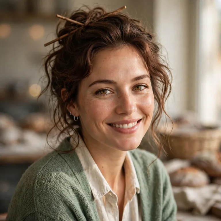 June, a young woman with brown hair loosely pinned up, smiling in a sunlit bakery