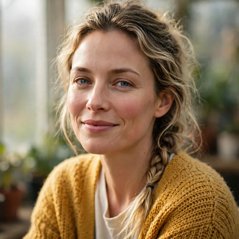 Maren, a woman with a long braid and a mustard cardigan in a greenhouse by the lake, smiling softly