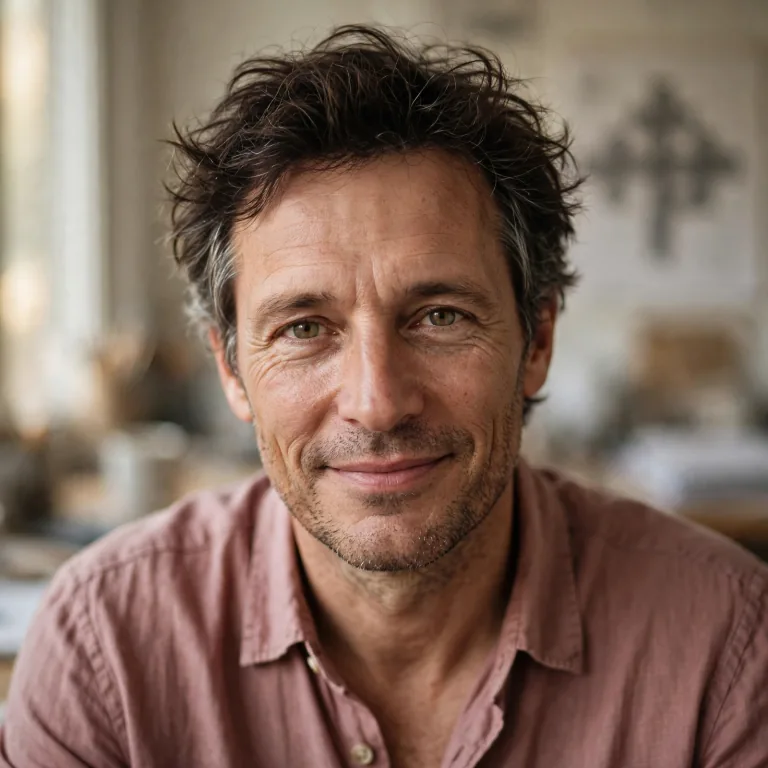 Callum, a man in his forties in a dusty-rose shirt at his desk