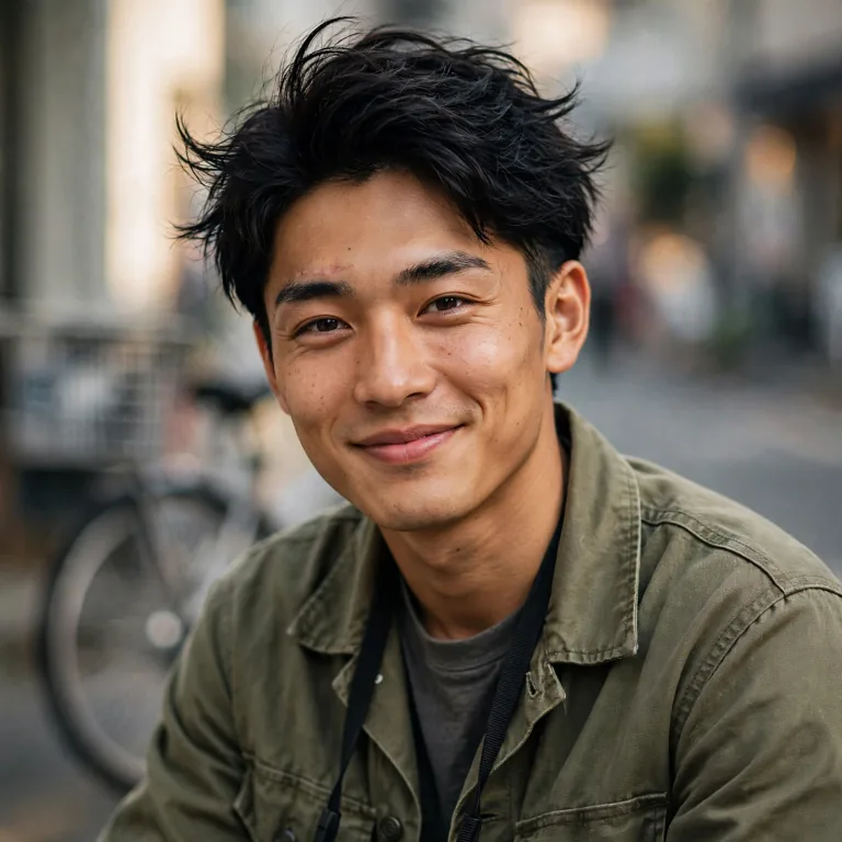 Keigo, a young man on a street lined with bicycles, grinning